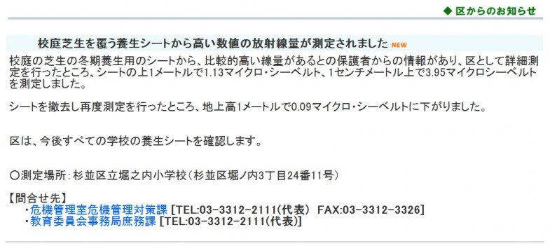 校庭芝生を覆う養生シートから高い数値の放射線量が測定されました